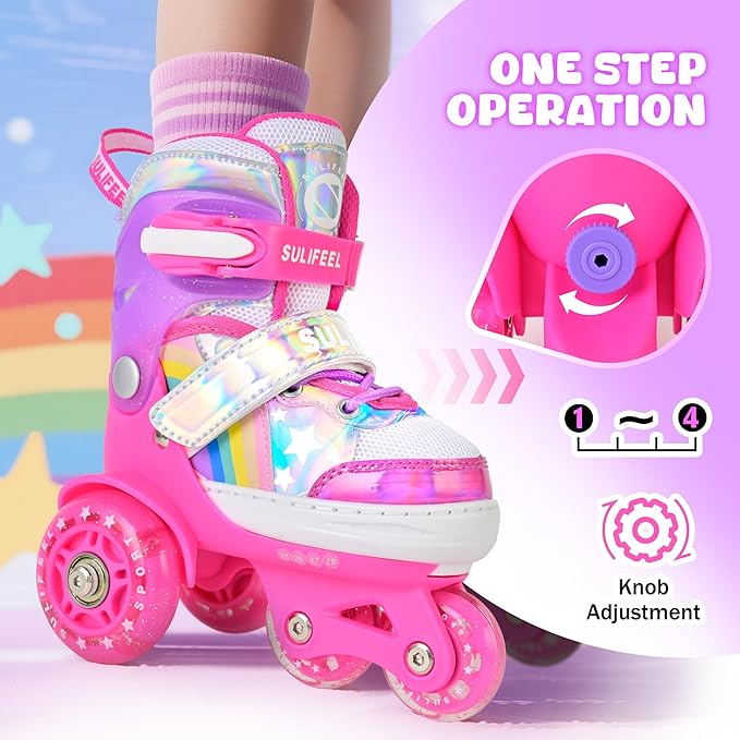 SULIFEEL Rainbow Unicorn 4 Size Adjustable Light up Roller Skates for Girls Boys for Kids