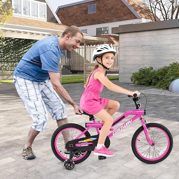 COSTWAY 16”/18” Lighted Kids Bike, Children Sport Bicycle with LED Light-up Frame, Adjustable Saddle, Training Wheels, Handbrake & Coaster Brake, Kids Riding Bike for 4-7/4-8 Years Old Boys & Girls