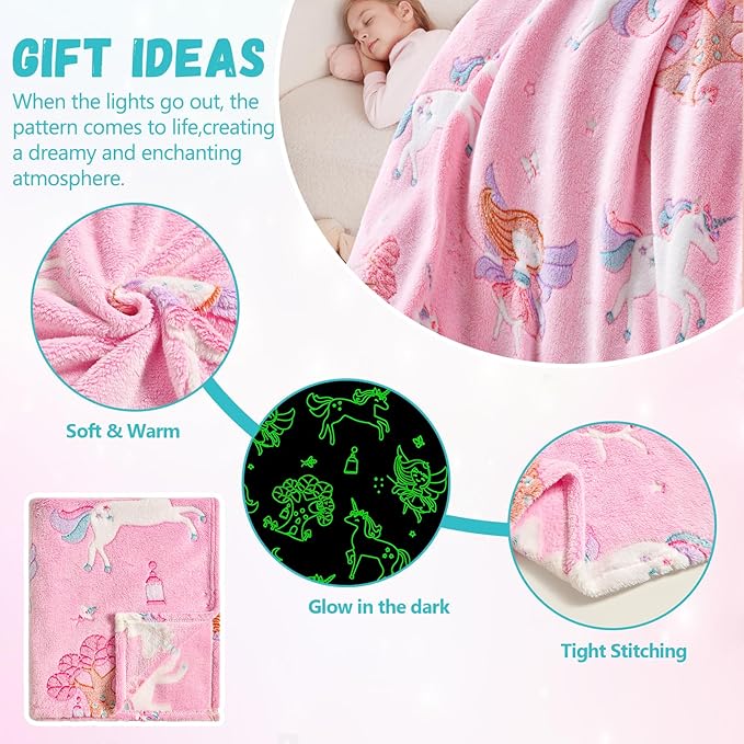 Glow in The Dark Unicorn Blanket,Unicorn Gifts Toys for Girls,Birthday Presents Decor for Kids Age 3-14 Year Old Daughter Teen Child Toddler Soft Luminous Christmas Bedroom Blanket (50"x60")