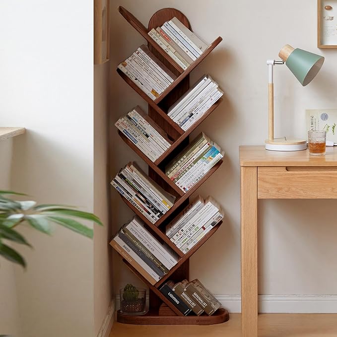 10 Tiers Bookshelf, Standing Tree Bookshelf, Creative Multi-Layer Bookcase, Standing Bookcase Rack Book Storage Organizer Shelves for Study, Bedroom, Office Walnut