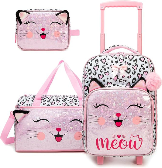 Girls Pink Cat Luggage with Wheels Suitcases Travel Softside Suitcases 16" Carry on Suitcase with Duffle Bag Luggage Sets Airline Approved