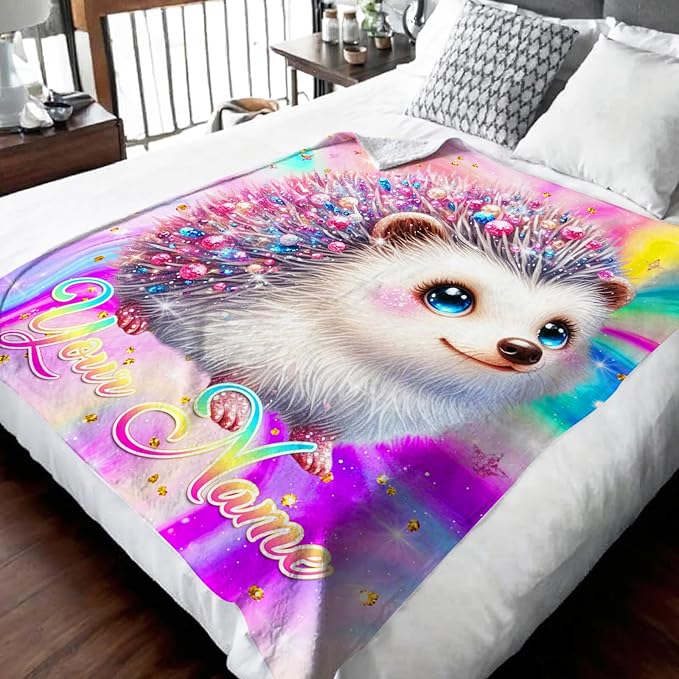 Personalized Blanket for Girls, Hedgehog Throw Blanket Gift for Kids Teens Adults, 50"x40" Custom Name Blankets for Couch Sofa Bed Bedroom Decor Travel