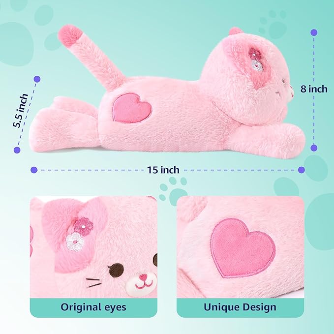 Onsoyours Original Heatable & Weighted Sakura Cat Stuffed Animals, 15" Microwavable Kitten Plushie for Warmth & Stress Relief - Comfort Plush Toys for Kids and Adults