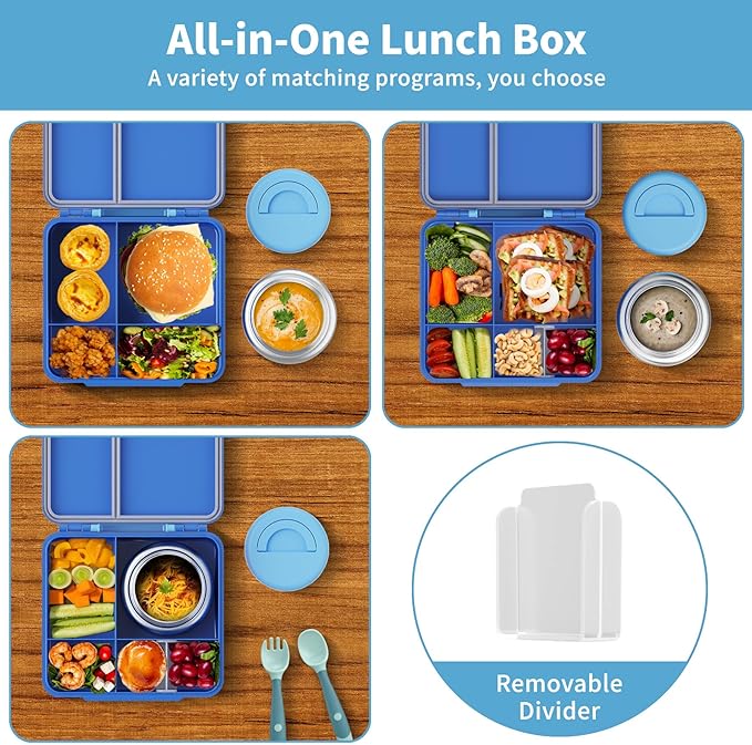 Bento Box for Kids with Thermo Food Container (9oz), 4-Compartment Lunch Box, Adjustable Divider, Leakproof Bento Lunch Box, Includes Utensils & Carry Bag for School, Office(Blue)