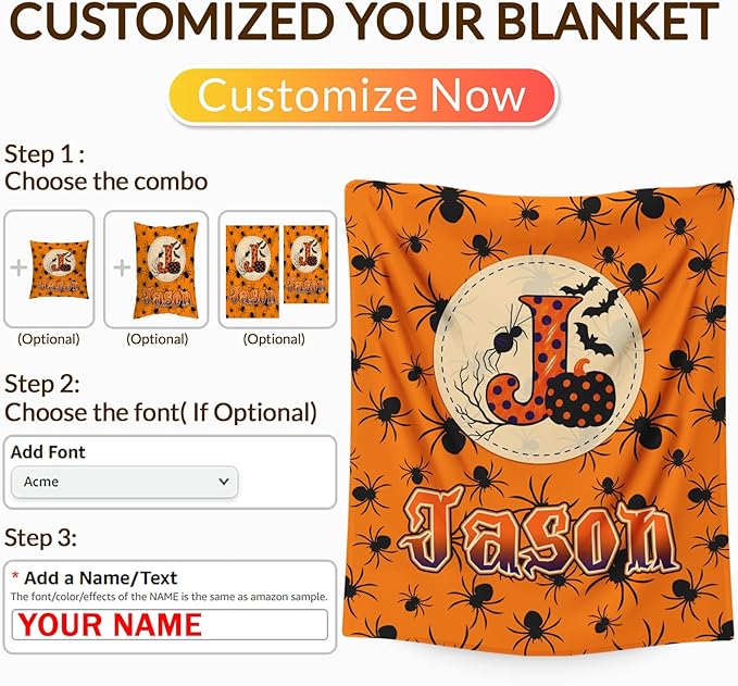 Halloween Blanket Gifts with Name Initial for Kids Boys Girls - Personalized Flannel Throw Blanket Soft Cozy Fuzzy - Halloween Blankets for Couch Sofa Bed Decor