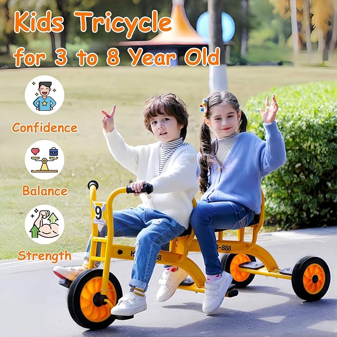 Kids Tricycle for Ages 3-8, Double Kids Trike Bike, Preschool Daycare Outdoor Tandem Bike with Airless Rubber Tires, Two-Seater and Non-Slip Pedals, Gift for Boys and Girls