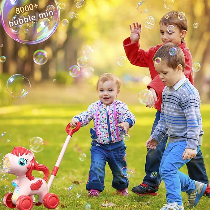 Pink Bubble Lawn Mower for Toddlers, Automatic Bubble Machine Maker for Kids, Summer Outdoor Yard Garden Activity Push Toys, Birthday Gift for Boys Girls 3 4 5 Year Old