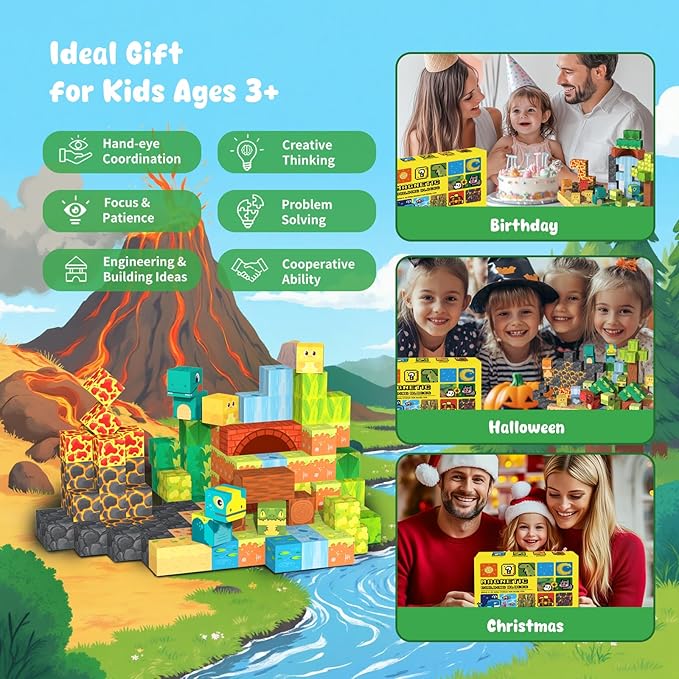 Magnetic Blocks— 120PCS Magnet Toys for Kids, Magnetic Building Blocks Cubes, Montessori Sensory Stacking Magnets, School STEM Toys Birthday Gifts for Boys and Girls Age 3+ Years Old (Dinosaur)