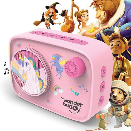 WonderBuddy Kids Story Box Audio Player, 500+ Preloaded Stories & Rhymes with Storybook DIY Art Kit, Voice Recorder, Content Upgrade, Bluetooth, Birthday Gift for Girls 3+ Years- Unicorn