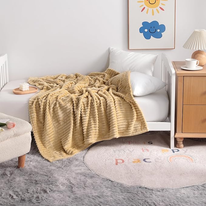 NTBAY Plush Flannel Oversized Baby Blanket, 50X60 Inches Soft and Warm Toddler Blanket with Striped Texture Nursery Bed Blanket for Stroller, Crib, Travel, Baby Gift, 50"x60", Khaki