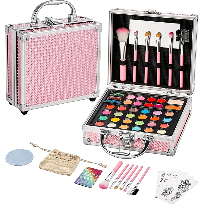 Anpro All-In-One Makeup Kit for Girls 10-12 with Case, Pro Teen Makeup Set, Tween Makeup Kit, Full Starter Make Up Kit with Brushes, Eyeshadow Palette, Blushes, Glitter Gel, Temporary Tattoo Stickers