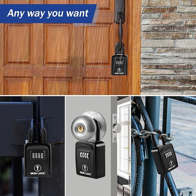 Iron Lock® Portable Key Lock Box with Removable U-Shackle Indoor Outdoor Waterproof 4 Digit Combination Resettable Code with A B Switch Key Lockbox for Outside Spare Keys for Realtors (Small, Black)