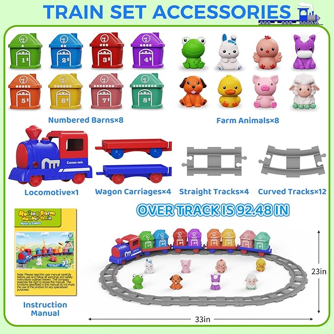 Train Set for Toddlers & Kids Boy -Montessori Counting Matching & Sorting Activity Train Set Learning Toys with Farm Animals, Finger Puppets, Tracks Music, Preschool Toy Birthday Gift for Boy Girl