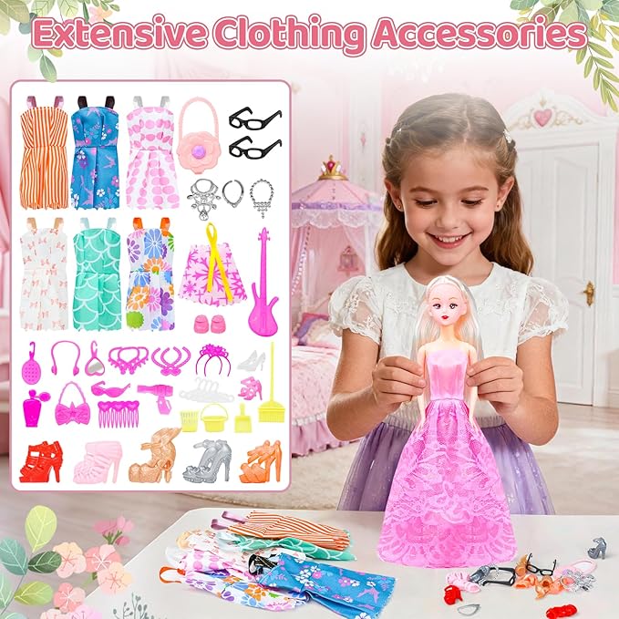 Tea Party Set for Little Girls, Princess Tea Time Toys with Play Food & 2 Dolls Dress up Set, Pretend Kids Kitchen Playset for Girl Toddler Age 3-8 Birthday Gifts