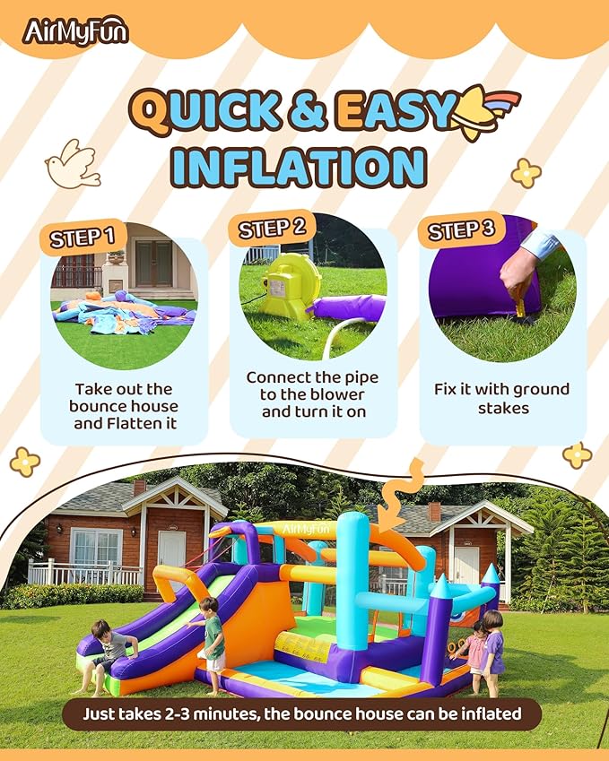 AirMyFun Inflatable Water Slide Bounce House with Long Curved Slide for Kids with Blower, Family Backyard Bouncy Castle with Fun Doorway Tunnel, Climbing Wall and Ball Shooting (High End)