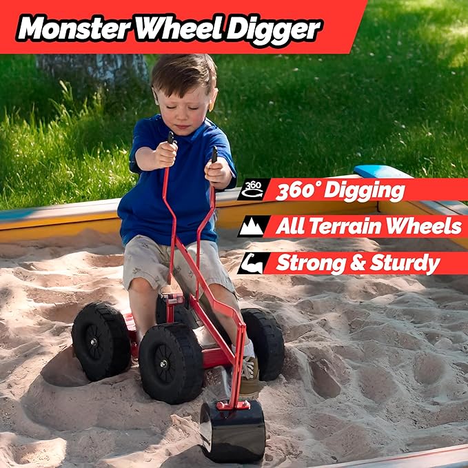 WONKAWOO Monster Wheel Sand Digger 360° Rotation Metal Crane Excavator Backhoe Ride On Toy