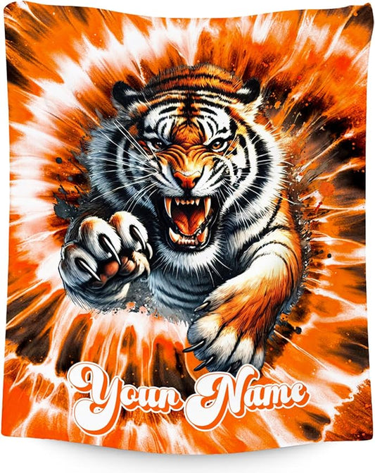 UNIKITTY Personalized Kids Blanket, Tiger Blanket Gifts for Girls Boys, Custom Gifts with Name, Fleece Throws with Tie Dye Print for Room Decor (4 Sizes)