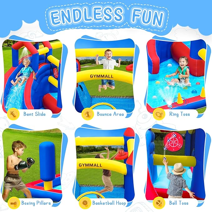 Bounce House Inflatable Bouncy House for Kids 3-12 Indoor & Outdoor, 9 in 1 Water Bounce House with Slide, Bouncer, Climbing Wall, Inflatable Bouncy Castle for Backyard, Party, Room