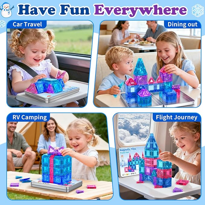 Mini Magnetic Tiles Travel Set 40PCS with Iron Box Princess Castle Pretend Girl Play Toys Age 3 4-5 6-8, Educational Portable Magnet Building Tiles Christmas Birthday Gifts for Toddlers Boys & Girls