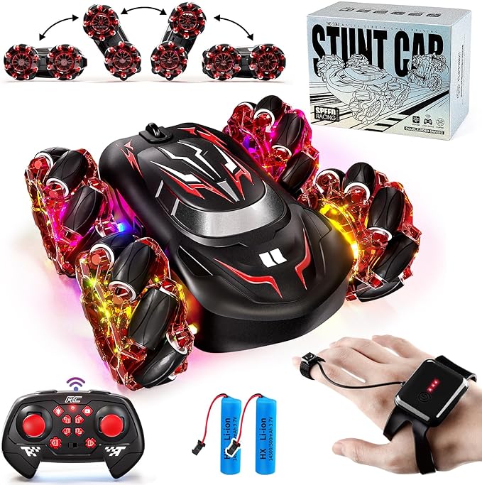 2.4GHz RC Stunt Car,4WD Double-Sided Gesture Sensing RC Cars,360°Flips Remote Control Car with Lights and Music for Boys Kids Birthday Gifts Age 6-12 Year Old (Red