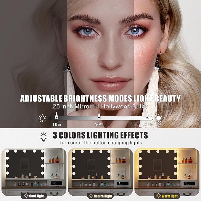 Farmhouse Vanity Desk with Lighted Mirror & Power Outlet, 39 inch Rustic Makeup Vanity Table with Drawers and Stool, Hollywood Mirror with Lights, White Dressing Table for Women Girls Gifts