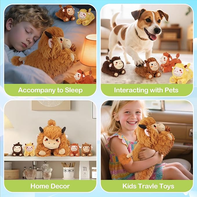 KMUYSL Highland Cow Stuffed Animal for Girls Ages 0 1 2 3 4 5 6 7 8+ Years Old, Mommy Cow Animals Plush Toys with 4 Baby Calves, Soft Animal Stuffed Toys Set, Christmas Birthday Gifts for Kids Girls