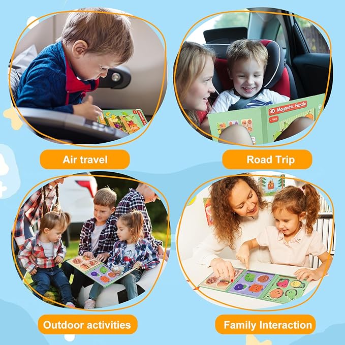 ASTARON 3D Magnetic Puzzle with 80 Puffy Stickers for Toddlers, 42 Pieces 3-in-1 Food Puzzles Preschool Education Learning Travel Toys Car Plane Activities for Kids Road Trip Birthday Gifts