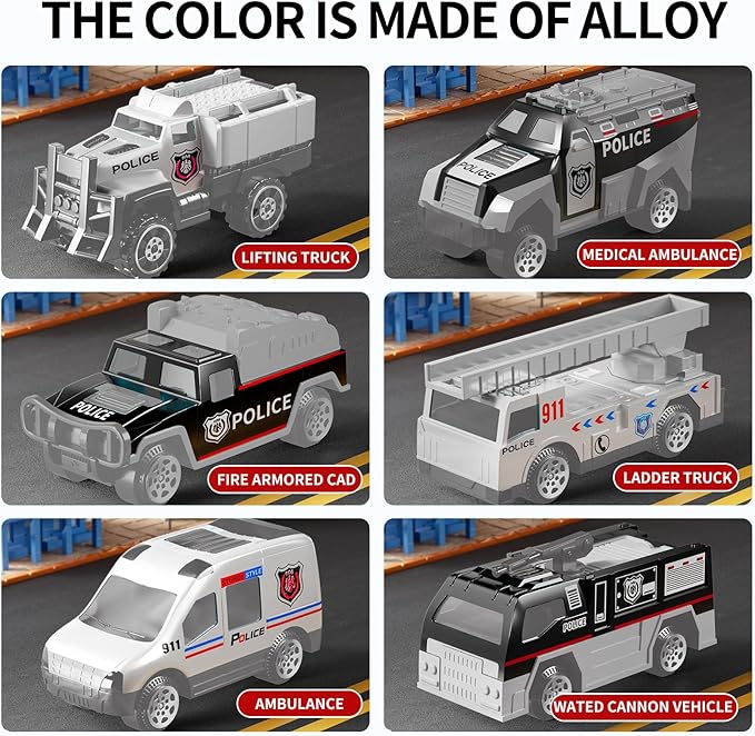 Police Trucks Toy Set with Play Mat, Carrier Truck Play Vehicles Set for 3 4 5 6 Years Old Boys Kids, Die-Cast Car Toy for Toddlers 3-4 Years, Birthday Gifts Toys for 3-9 Year Old Boys