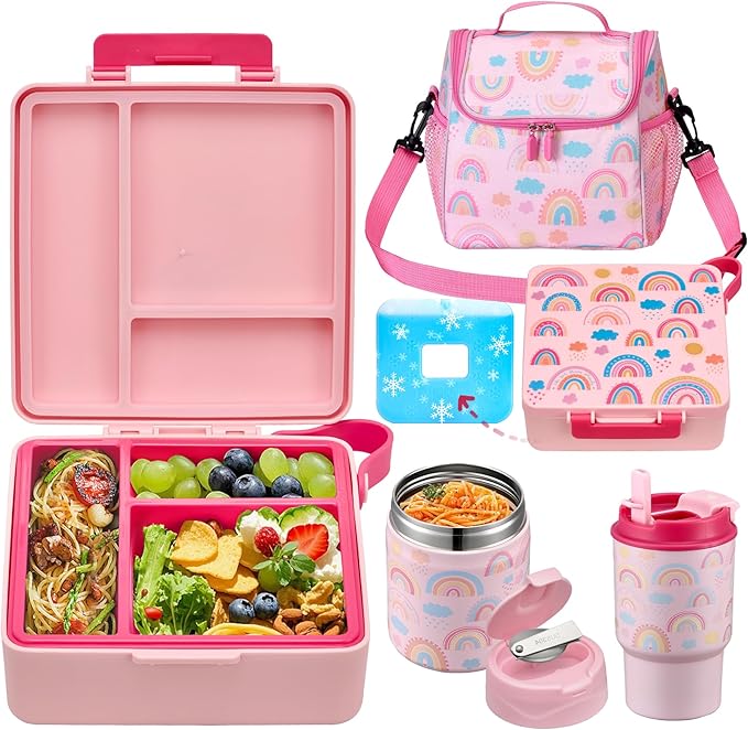 Bento Lunch Box for Kids with 17oz Soup Thermo,Insulated Tumbler Water Bottle and Insulated Lunch Bag,Leak-Proof 3 Compartment Lunch Food Container with Ice Pack for Kids to School-Rainbow