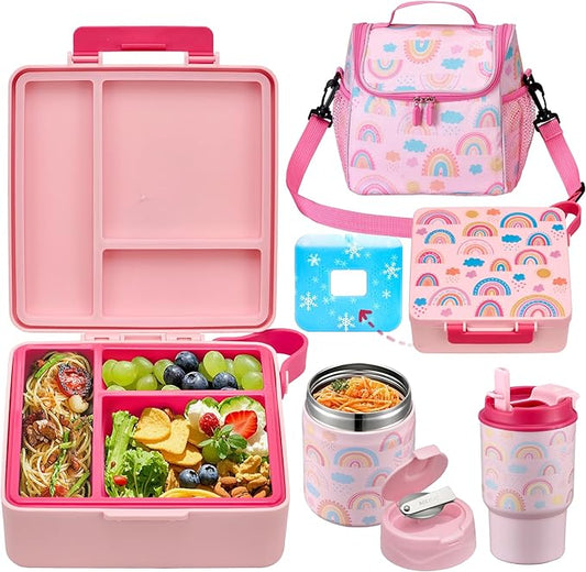 Bento Lunch Box for Kids with 17oz Soup Thermo,Insulated Tumbler Water Bottle and Insulated Lunch Bag,Leak-Proof 3 Compartment Lunch Food Container with Ice Pack for Kids to School-Rainbow