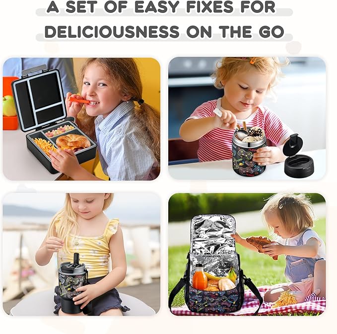 Lunch Box Set with Bento Box Container, 17OZ Stainless Steel Food Soup Thermo, Kids Water Bottle & Portable Insulated Lunch Bag – Leakproof, Hot/Cold Retention for School, Travel (Black-Game)