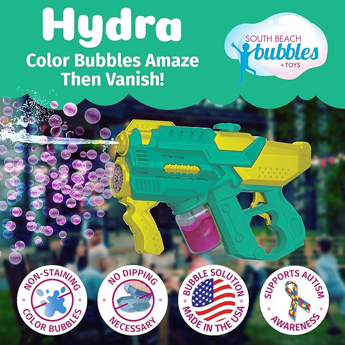 PoppinColorz Hydra Rechargeable 2-in-1 Color Bubbles Blaster & Water Gun:2025 Toy of The Year Winner. 2X Color Bubble Liquid & 4X Clear No-Spill. Bubble Solutions for Toddlers. Bubbles Made in USA