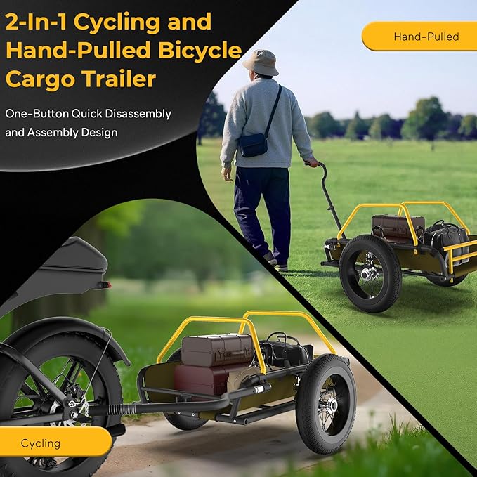 2 in 1 Bike Cargo Trailer and Wagon Cart, Bike Trailer with 360°Swivel Caster, Supports up to 150 lbs, Detachable Bicycle Trailers with 16"×3" Fat tire, Quick Release Wheel & Double Suspension