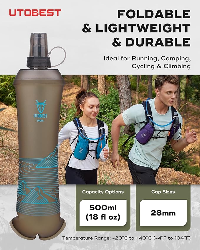 UTOBEST 500ml Soft Flask, 2 Pack Flexible TPU Hydration Water Bottle, Collapsible with 28mm Caliber for Running, Hiking, Cycling, Climbing, and Marathon Blue