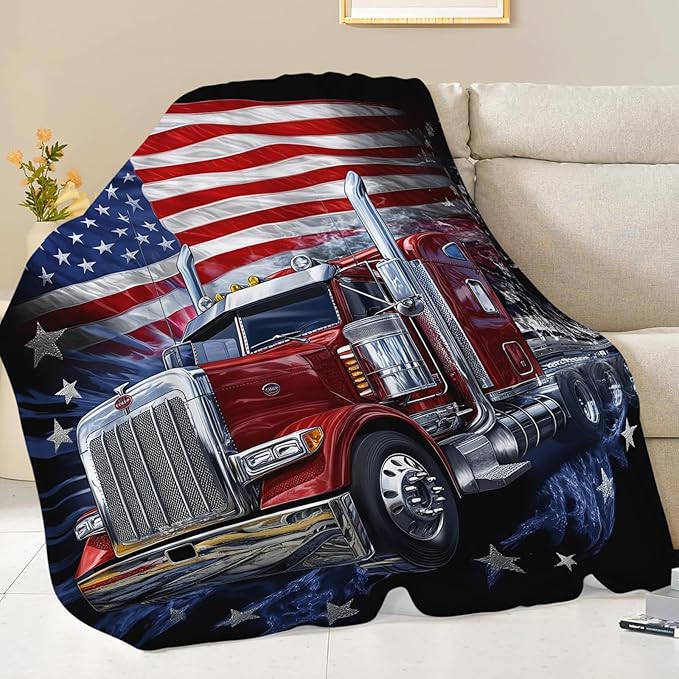 Truck Blanket Gifts for Men, American Flag Truck Throw Blanket for Boys, Soft Cozy Stuff Fleece Blankets Gifts for Train Lovers Couch Sofa Bed 60" x 50"