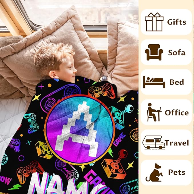 Gaming Blankets for Kids Boys Personalized Gamer Gifts for Son Grandson - Soft Lightweight Custom Monogram Stuff Throws for Sofa Bed Living Room Home Decor All Seasons (4 Sizes)