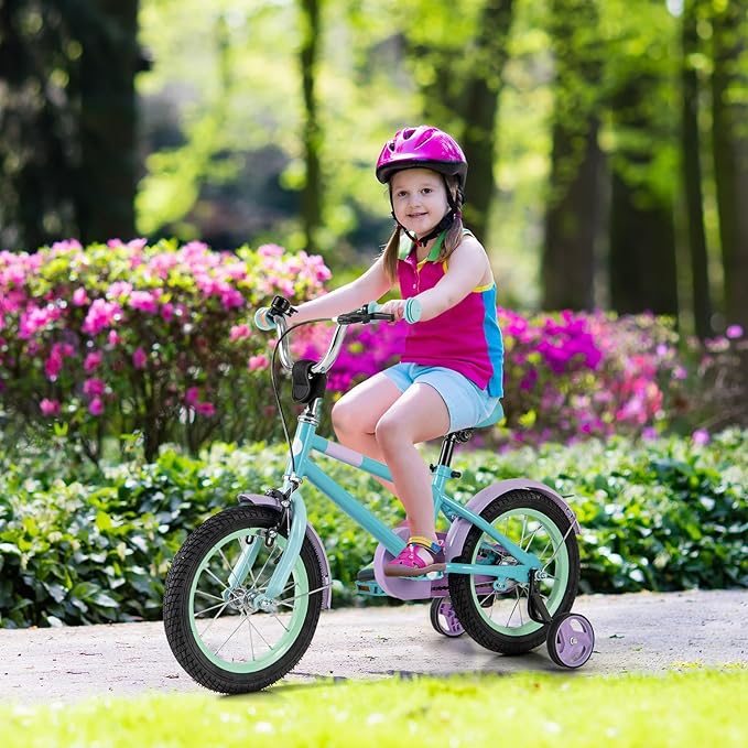 BABY JOY Colorful Macarons Kids Bike, 12 14 16 18 Inch Sporty Children's Bicycle with Training Wheels, Adjustable Handlebar & Saddle, Handbrake & Coaster Brake, Boys Girls Bike for 3-8 Years Old