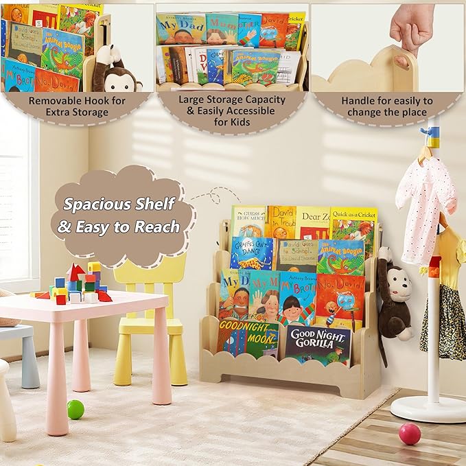 Kids Bookshelf Wooden 4-Tier, Scalloped Book Shelf for Kids Rooms, Front Facing Toddler Montessori Bookshelf, Baby Nursery Book Shelves Kid Classroom Book Shelf Bookcase
