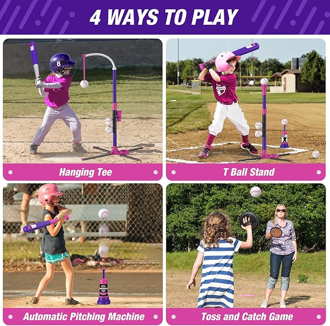 4 in 1 T Ball Sets for Kids 3-5 with Toss and Catch Ball Set, Hanging Tee Stand with Auto Pitching Machine/ 2 Bats, Indoor Outdoor Toys Baseball Gifts for Toddler Boys Girls, Purple