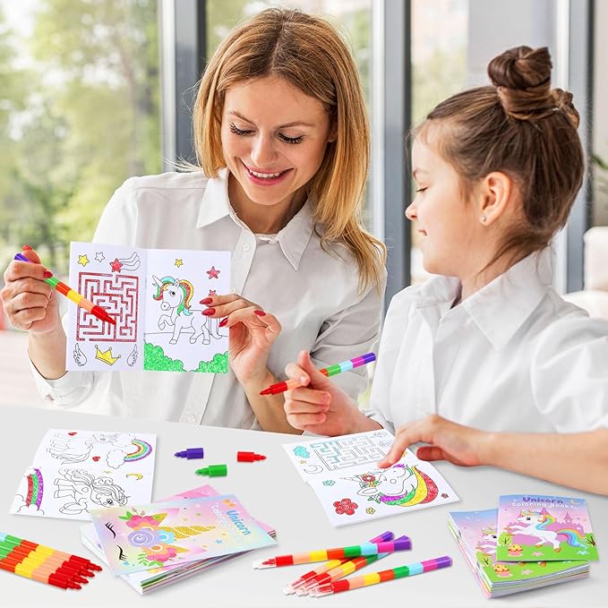 BenLouis 12 Unicorn Mini Coloring Books Kids with 12 Stacking Crayons Unicorn Birthday Party Favors Small Activity Books Bulk for Kids Rainbow Party Gift Goodie Bag Stuffers