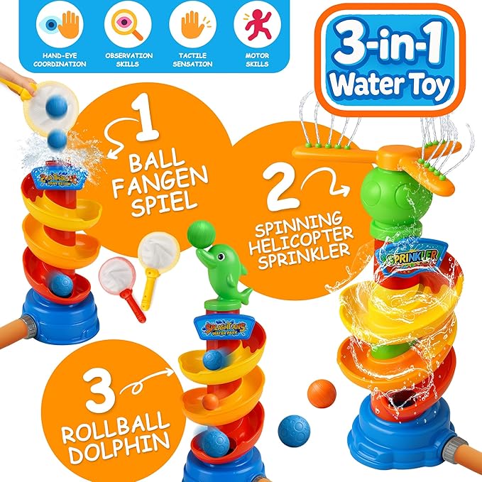 Water Sprinkler Toy for Kids Backyard Fun - 3-in-1 Summer Outdoor Water Toys with Rotating Spray & Catch Game, Splash Toys for Toddlers, Boys, Girls, Pets in Garden or Lawn Play