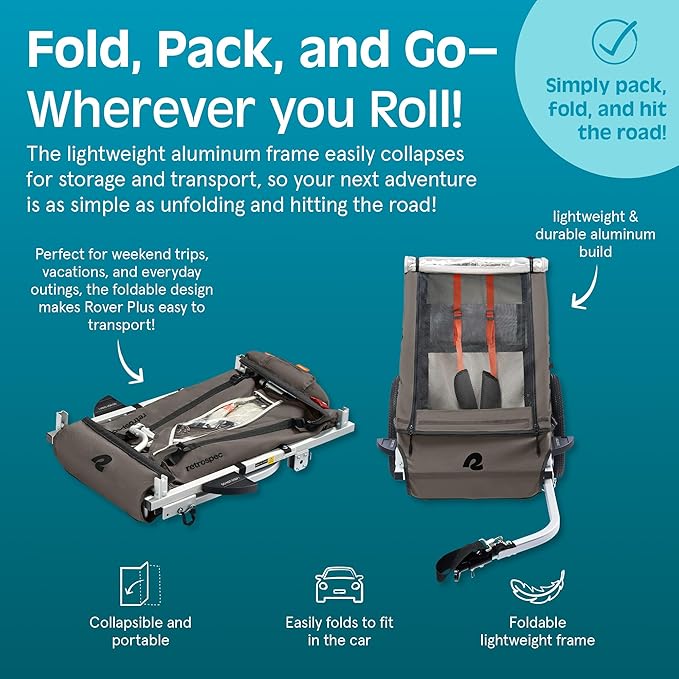 Retrospec Rover Plus Foldable Bike Trailer for Kids, Single/Double Passenger Child Bike Trailer with 5-Point Safety Harness, Reflective, Weather-Resistant Fabric and Safety Flag - Supports 40-80 lbs