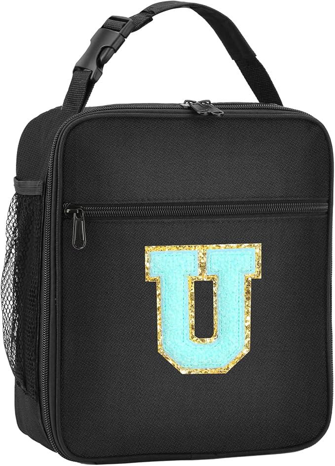Initial Insulated Lunch Bag, Lunch Box with Initial Letter Patch for Teen Adult, Reusable Lunch Bag for Men Women, Ideal Back to School Gift Birthday Gift, Blue U