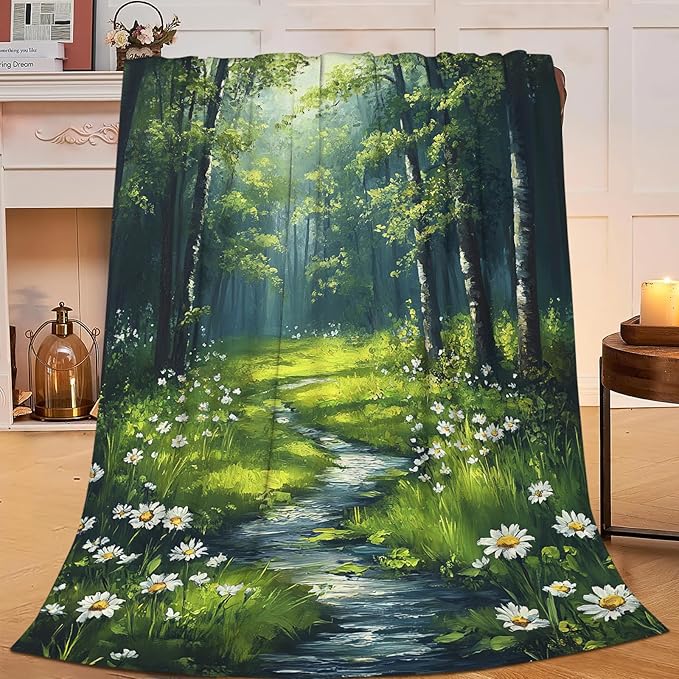Forest Landscape Blanket, Forest Green Tree Fleece Blanket Gifts for Boys Girls, Warm Cozy Soft Flannel Stuff for Bed Sofa Couch 80" x 60"