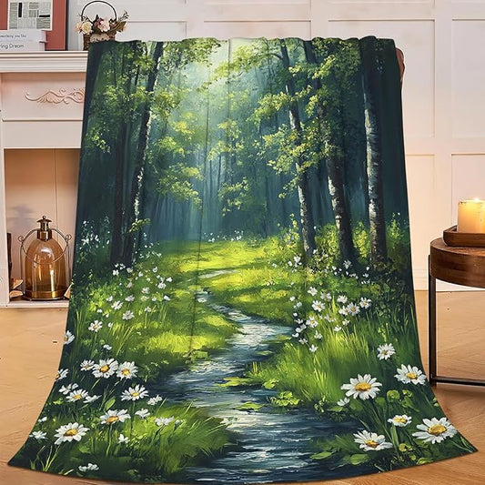 Forest Landscape Blanket, Forest Green Tree Fleece Blanket Gifts for Boys Girls, Warm Cozy Soft Flannel Stuff for Bed Sofa Couch 60" x 50"