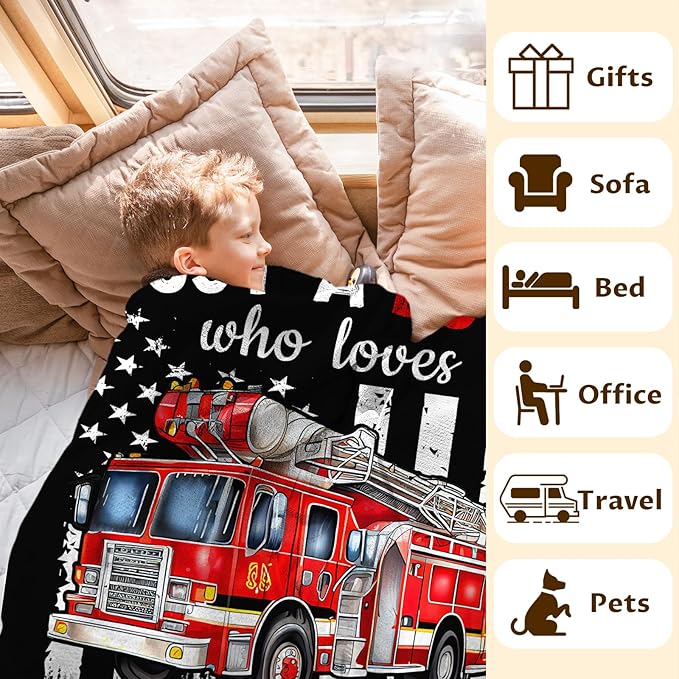 Custom Fire Truck Blanket for Boys, Cute Throw Blanket Gifts for Kids Truck Lovers, Personalized 30x40 Inches Black Soft Fuzzy Blankets for Sofa Couch Bed