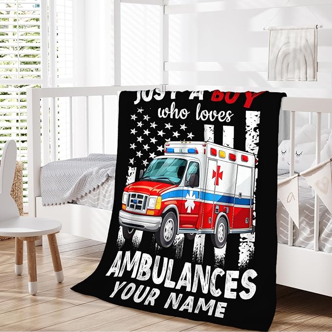 Custom Ambulance Blanket for Boys, Cute Throw Blanket Gifts for Kids Truck Lovers, Personalized 50x60 Inches Black Soft Fuzzy Blankets for Sofa Couch Bed Travel