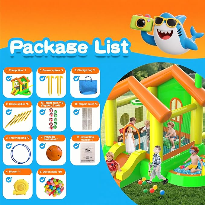 Inflatable Bounce House for Kids, 10FT Big Bounce House with Blower - Playground Backyard Slide Indoor Outdoor Wet Dry Water Park Bouncer with Blower/Ocean Ball/Target Games/Splash Pool/Basketball