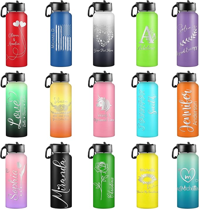M YESCUSTOM Personalized Water Bottles with Straw Lid Custom Stainless Steel Sports Water Bottle with Name Thermos Double Wall Insulated Cup Customized Gifts for Women Men Kids School Travel Style 03
