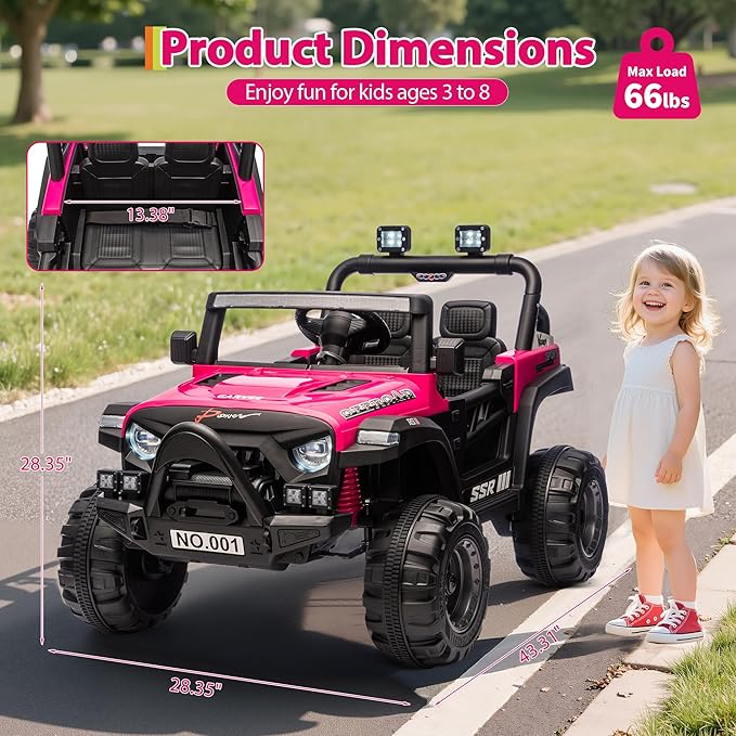 Kids Ride On Truck Car, 12V Ride On Toy Battery Powered Vehicles w/Parent Remote, Spring Suspension, Electric Car for Kids with Bluetooth Music, LED Light, Ideal Car Gift for Boys Girls, Rosy
